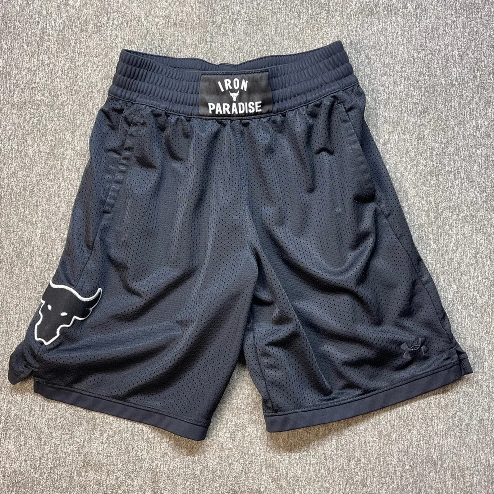 Under Armour Project Rock Iron Paradise Mesh Shorts Kids Large Black Brahma Bull